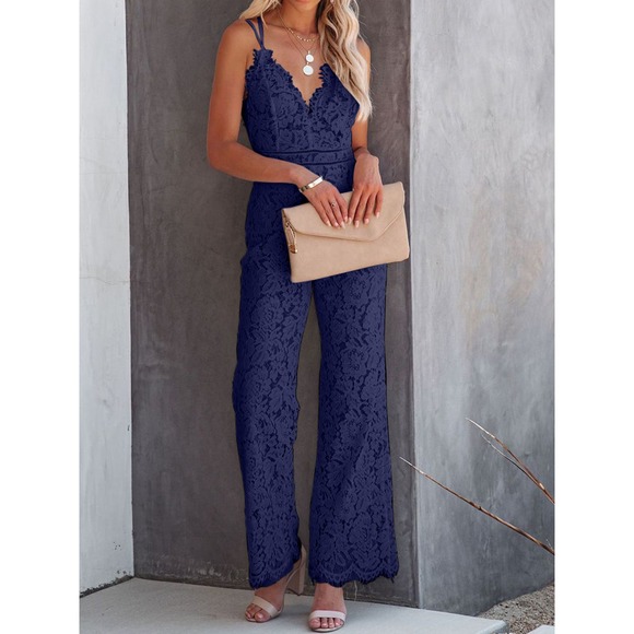 Lace V-Neck Spaghetti Strap Jumpsuit in White - Picture 6 of 12